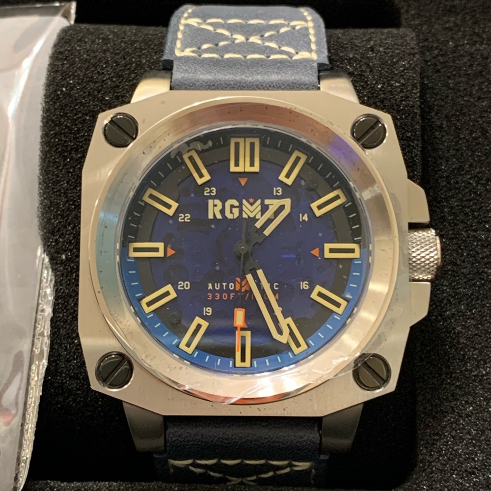 RGMT Men's 46mm Altimeter Skeletonized Automatic Leather Strap Watch Blue Band